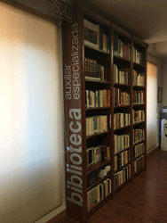 Detalle de una de las estanter&iacute;as que contiene libros de la Biblioteca Auxiliar Especializada. En el canto de la misma, uno de los vinilos elaborado por el propio personal del Archivo. 