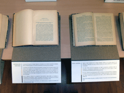 Detalle de dos libros expuestos en la mesa con sus carteles explicativos.